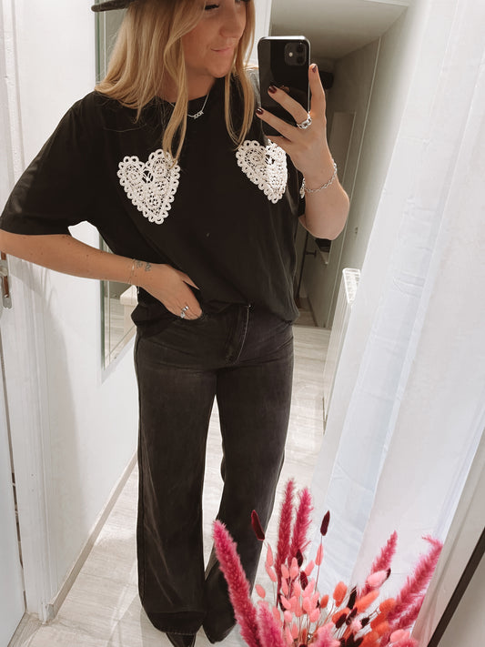 Tee shirt coeur crochet - Noir