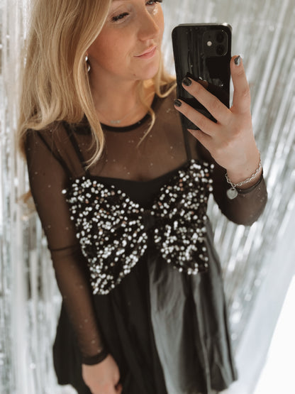 Robe bretelles noeud sequins - Noir