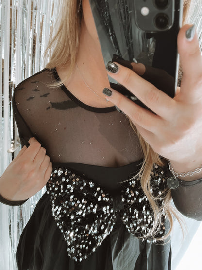 Robe bretelles noeud sequins - Noir